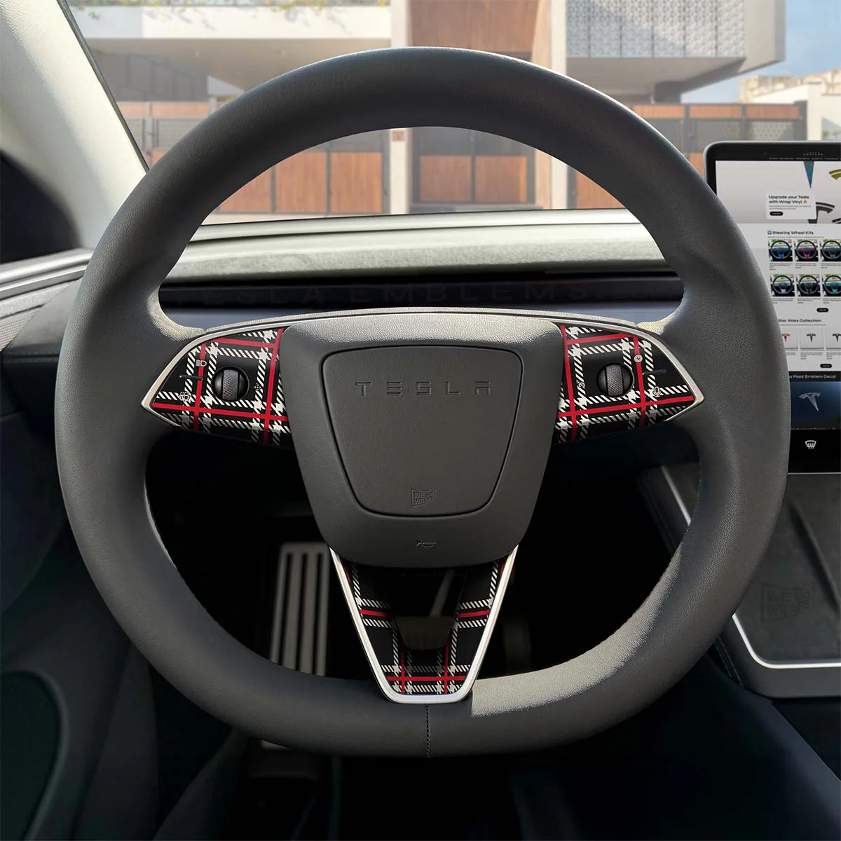 Black Plaid Tesla Steering Wheel Trim Decal Kit (3pcs) | MY 2026+ Refresh