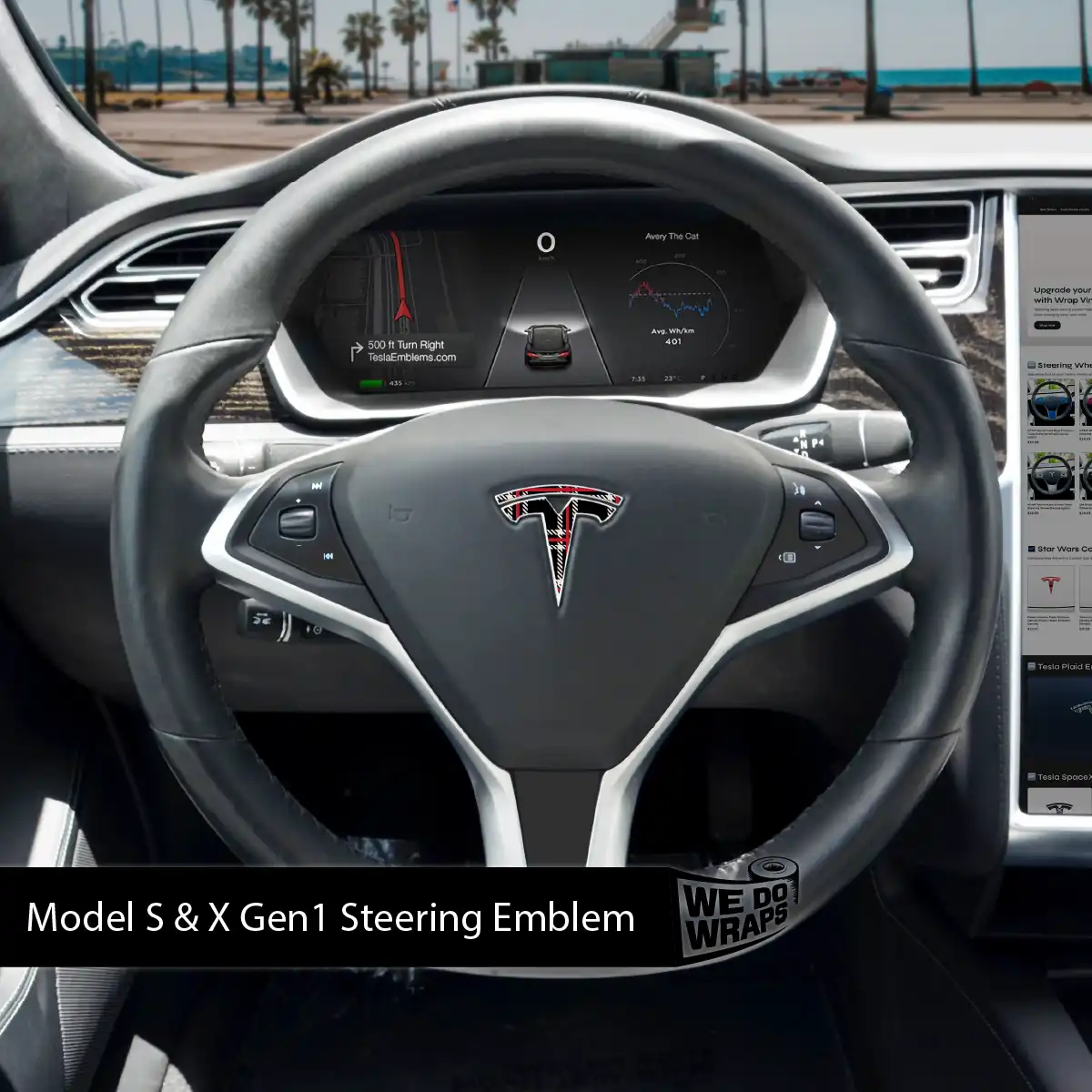 Black Plaid Tesla Steering Wheel Wrap | Model X - Image 2