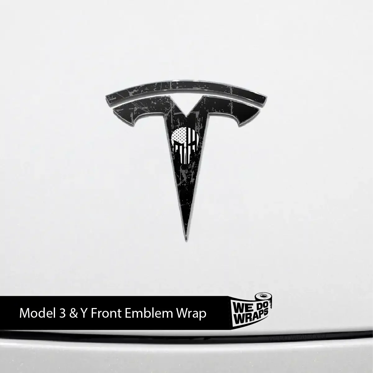 Distressed Skull Tesla Emblem Decals (Front + Back) | Model Y
