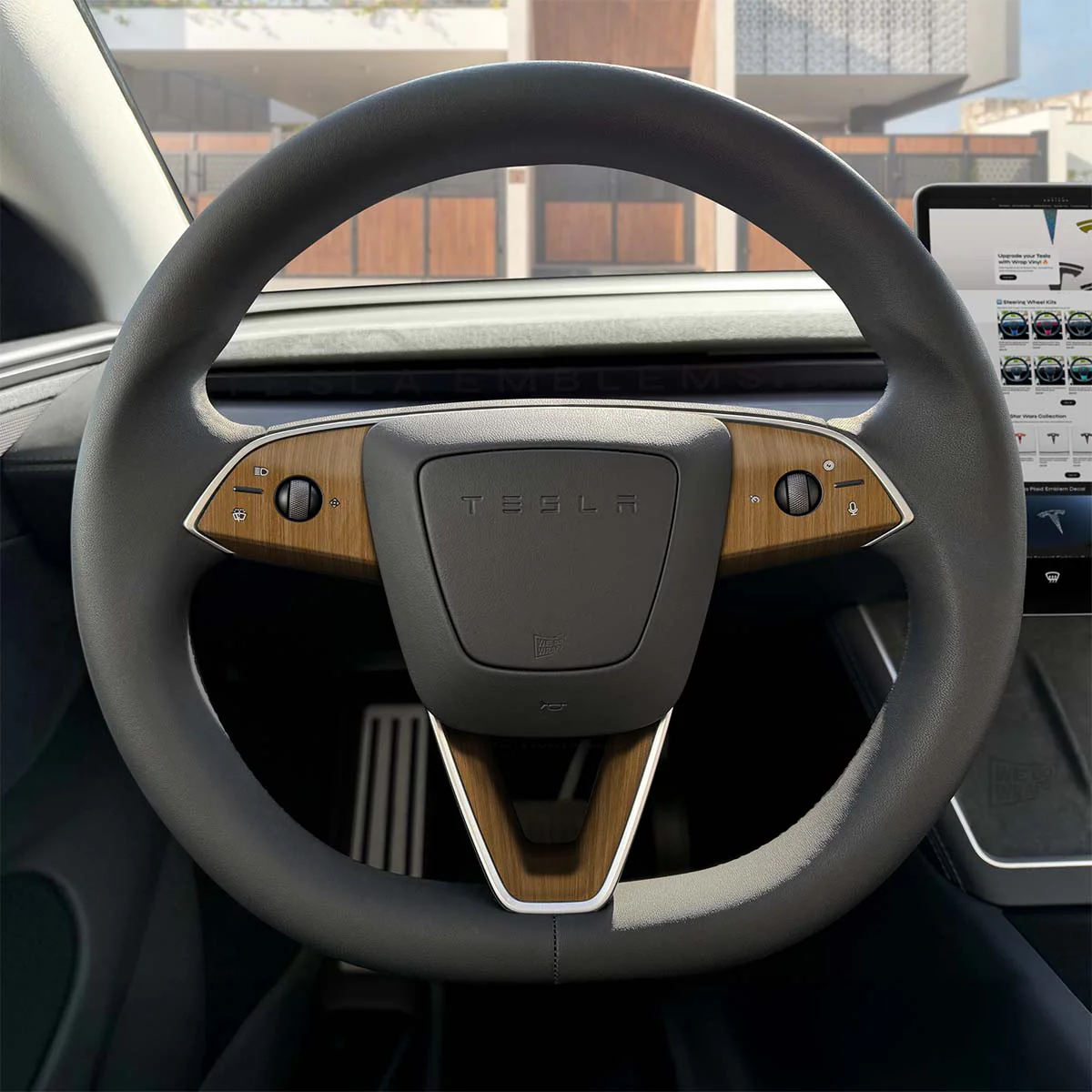 Golden Oak Woodgrain Tesla Steering Wheel Trim Decal Kit (3pcs) | MY 2026+ Refresh