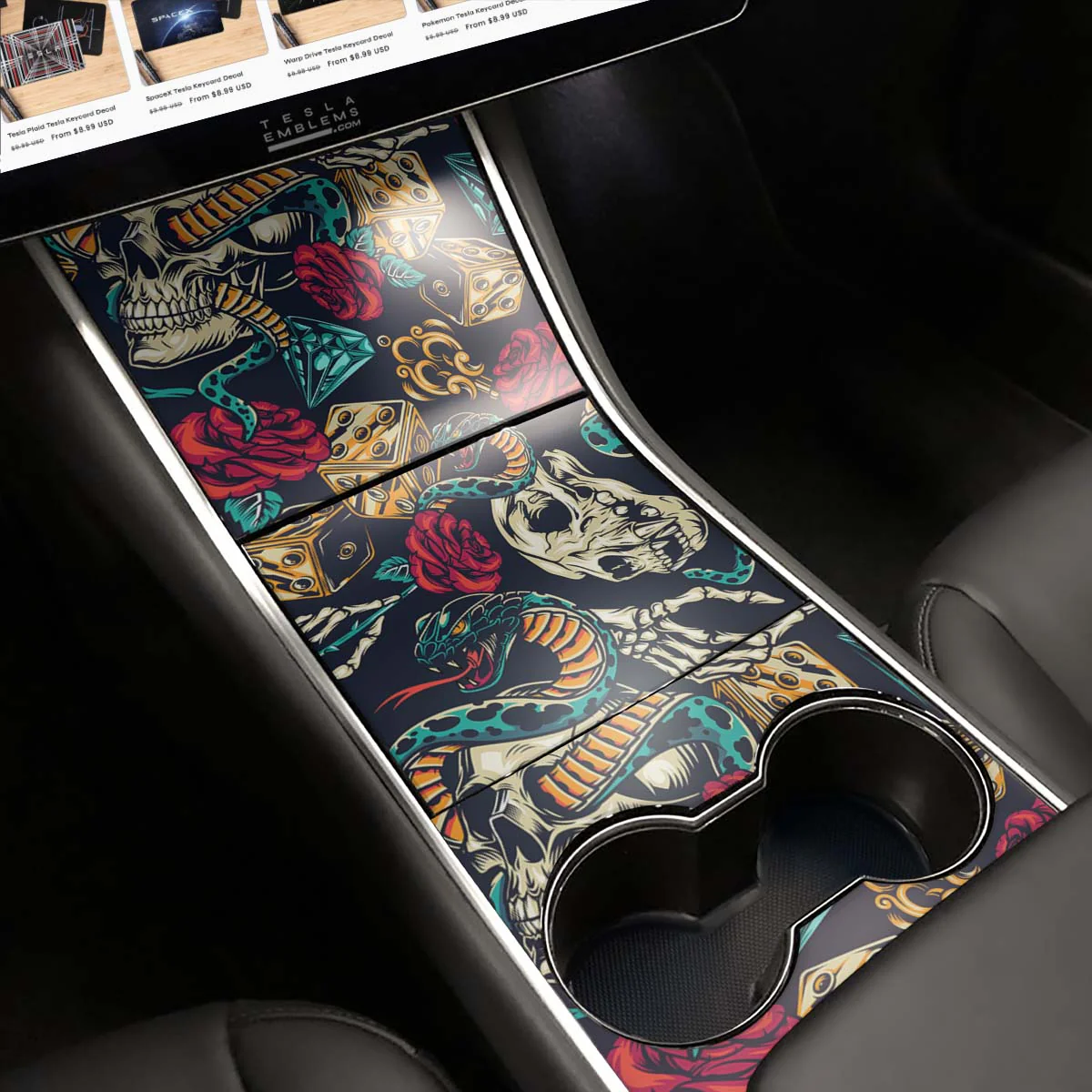 Skull & Rose Tattoo Art | Tesla Center Console Wrap Kit | Model 3 ’17-20
